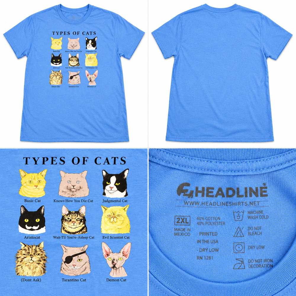 Headline Types of Cats Graphic T-Shirt Blue 2XL Funny Cat Tee Cotton Blend